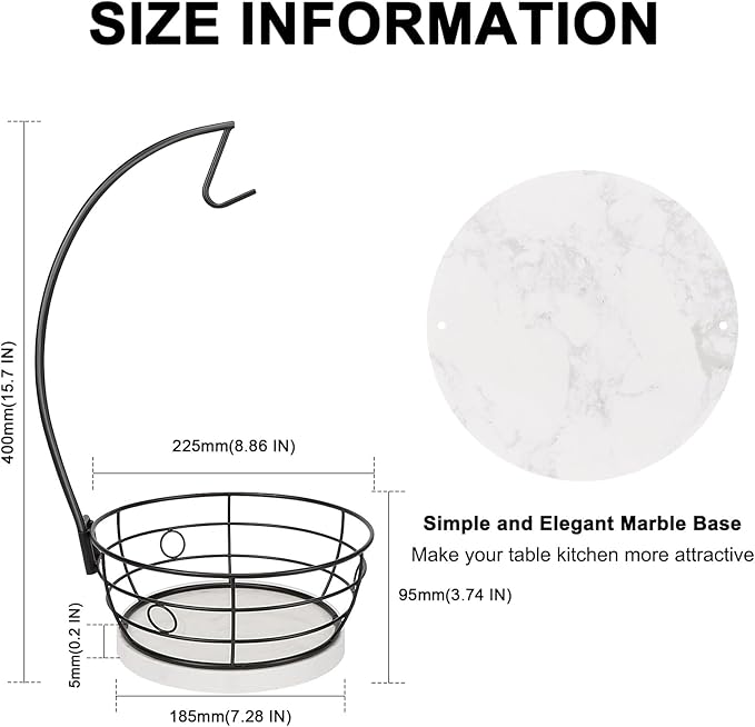 Livabber Countertop Fruit Basket Bowl with Banana Hanger, Modern Standing Fruit Vegetable Bowl Storage, with Banana Tree Holder for Kitchen Dinning Table (Round Marble, Black)-Ruum Studio Home