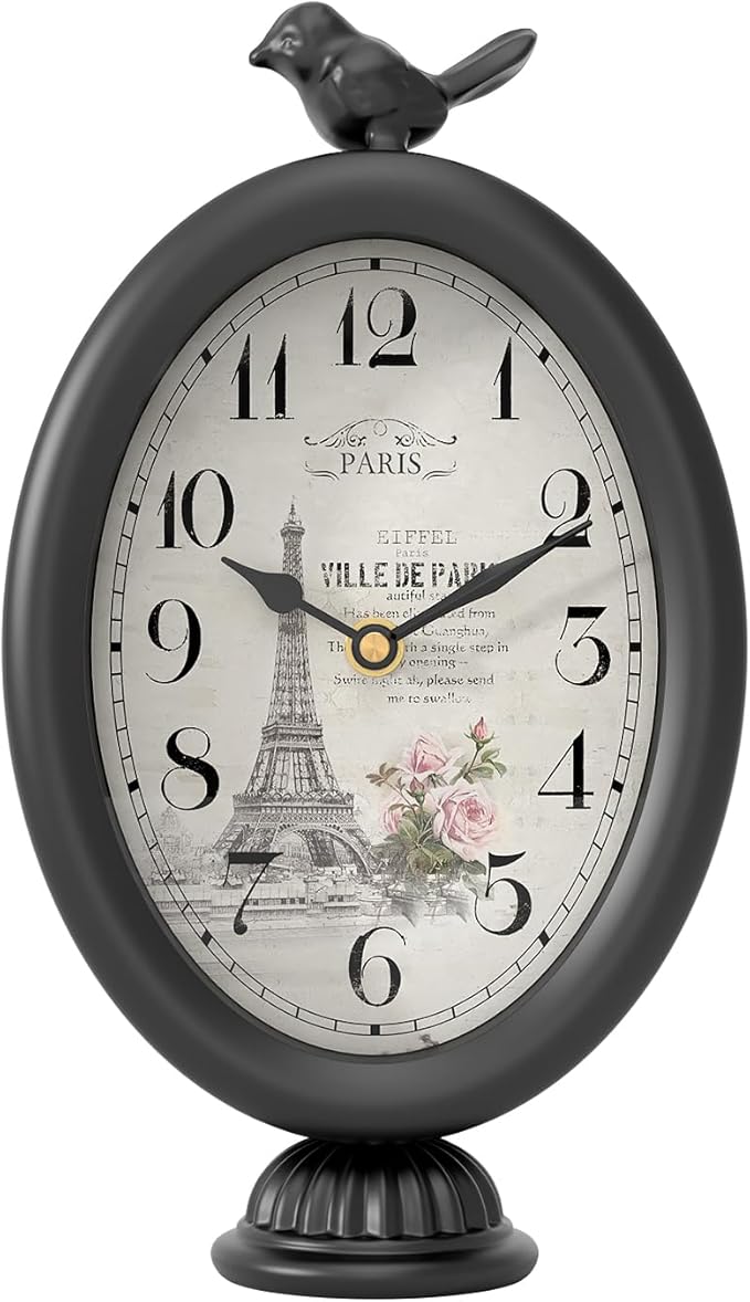 Vintage Table Clock with Bird, Desk and Shelf Decor Clock, French Paris Style, Antique Black Metal Mantel Clocks for Living Room, Farmhouse, Bedroom, Bedside, Gift (10" H x 5.9" W)-Ruum Studio Home