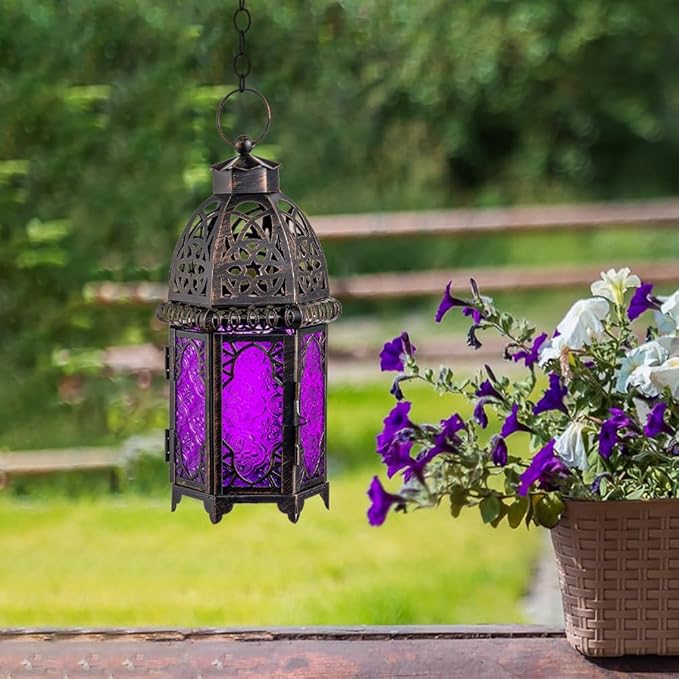 NEEDOMO Moroccan Candle Lantern, 12.8'' Hanging Lanterns Decorative Indoor Outdoor, Vintage Candle Holder for Chritsmas, Halloween, Table, Patio, Porch, Shelf, Gothic Home Decor (Purple)-Ruum Studio Home