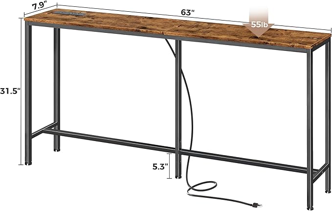 SUPERJARE Console Table with Outlet, 63 Inch Sofa Table with Charging Station, Narrow Entryway Table, Behind Couch Table, for Living Room, Plants - Rustic Brown-Ruum Studio Home