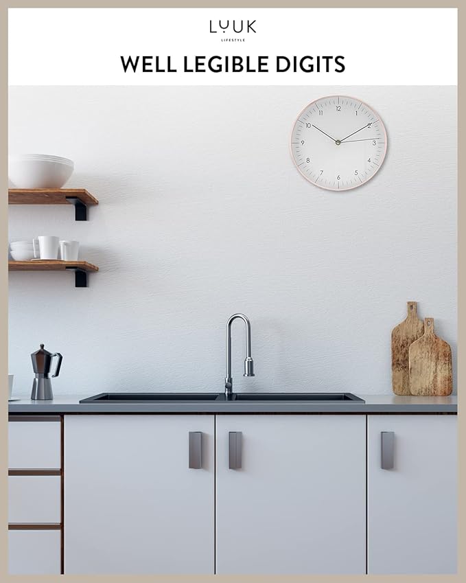 LUUK LIFESTYLE Timeless Wall Clock with Silent Movement and no Ticking, Elegant Design, for Children's Room, Living Room, Bathroom, 12”, White and Rosegold-Ruum Studio Home