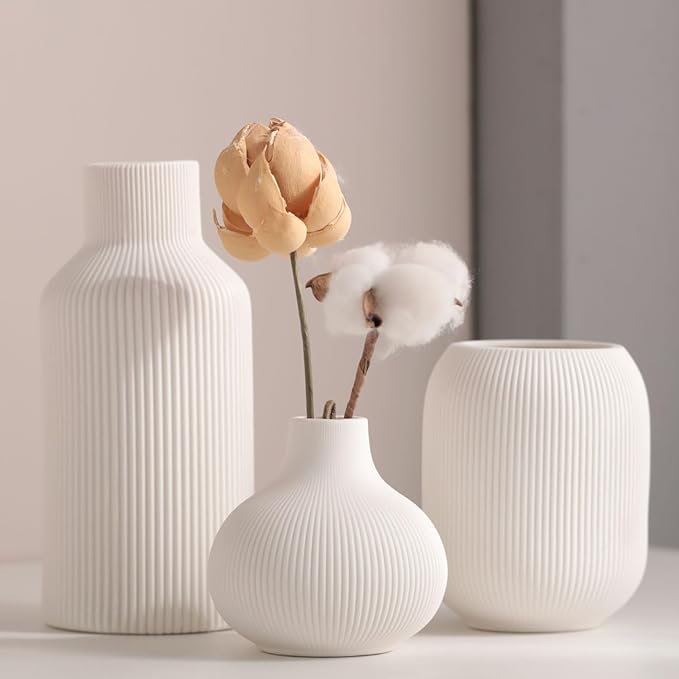 Ceramic Vase Set of 3, Decorative Vases Home Decor Modern Minimalist Pottery Vases for Bouquet Pampas Grass Dried Fresh Flowers, Bookshelf, Living Room, Shelf, Bedroom, Entryway Mantel Decor-White-Ruum Studio Home