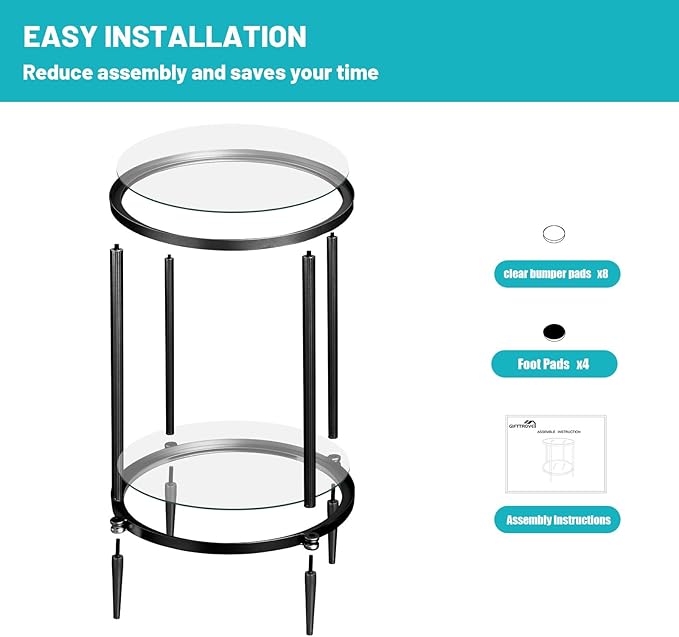 2 Tier Round Side Table, Black End Table with Glass Top, Modern Metal Clear Coffee Table，Small Accent Table for Living Room, Bedroom, 18" x 18" x 24"-Ruum Studio Home