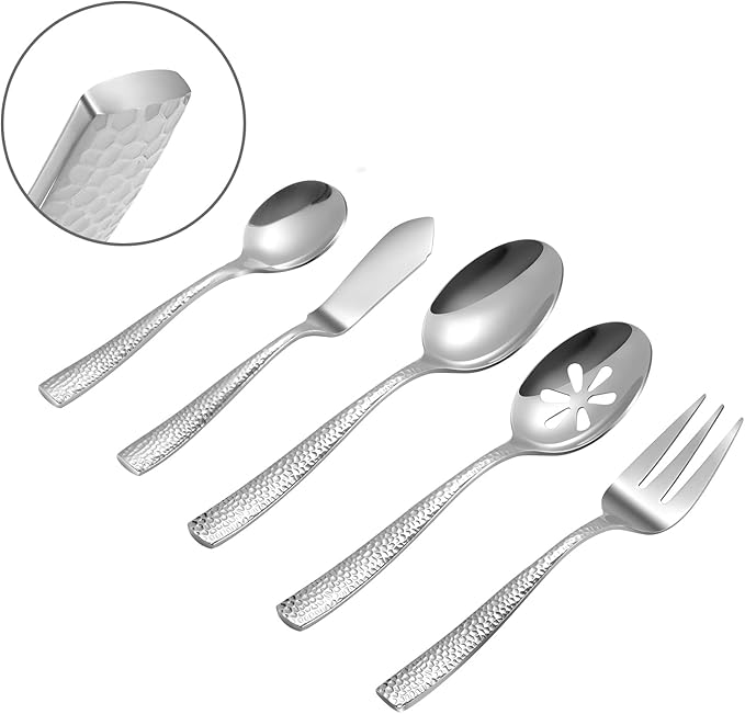 Silverware 45-Piece Silver Hammered Flatware Set with Serving Utensils Stainless Steel Thick Handle Mirror Polished Cutlery Set for Wedding Hotel Restaurant, Service for 8-Ruum Studio Home