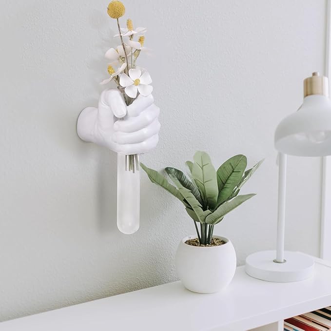 Creative Wall Hanging Sculpture, Funky White Hand Vases Home Decor, Artistic Hanging Hand Sculptures with Test Tube Vases, Unique Wall Art Statue-Ruum Studio Home