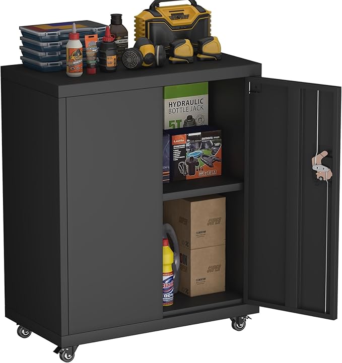 Metal Storage Cabinet with Wheels,Lockable Steel Rolling Storage Cabinet with 2 Doors for Garage,Home Office,Assembly Required,Black-Ruum Studio Home