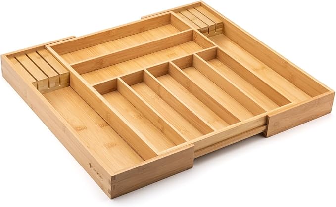 Bamboo Drawer Organizer with Knife Blocks - Silverware Organizer & Utensil Drawer Organizer, Cutlery Tray with Dividers, 7-9 Slots- Premium Kitchen Organizer for Utensils & Flatware (Natural)-Ruum Studio Home