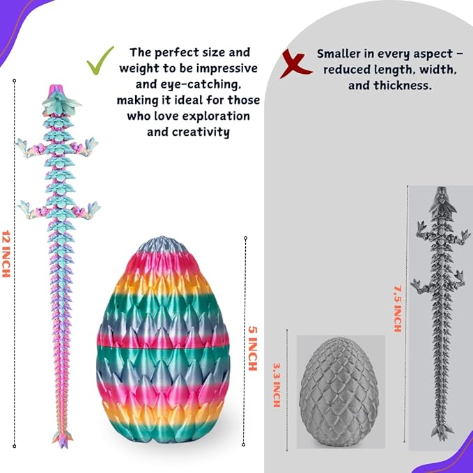 3PCS 3D Printed 12” Articulated Crystal Dragon Inside 5.1” Egg – Fantasy Collectible, Fidget Toy & Stocking Easter Basket Stuffers for Home & Office Decor (3pcs - Rainbow)-Ruum Studio Home