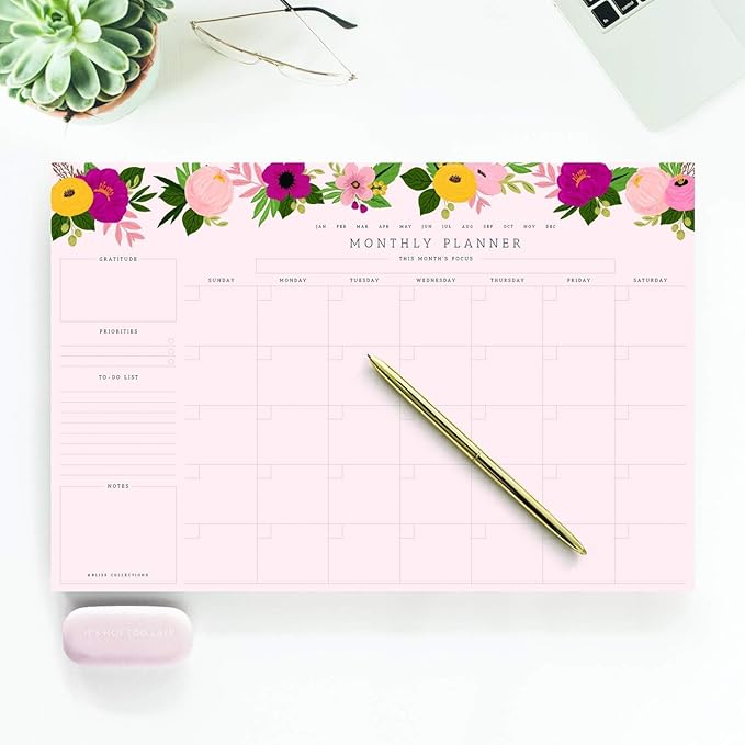 Bliss Collections Monthly Planning Pad, To Do List Notebook - Undated Tear-Off Sheets Notepad - Work Calendar, Organizer, Scheduler for Goals, Tasks - Floral (Pink), 12" x 18", 18 Sheets-Ruum Studio Home