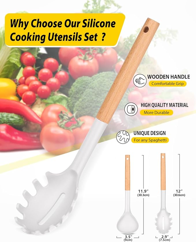Silicone Pasta Fork and Ladle Spoon Set with Wooden Handle, Heat Resistant Non Stick Kitchen Utensils for Cooking, Stirring, Serving Spaghetti, Soup, Sauce(WHITE)-Ruum Studio Home