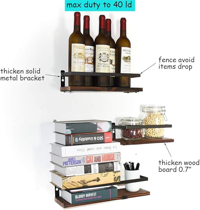 Floating Shelves Rustic Wood Wall Mounted Shelf Practical Metal Fence Design Ideal for Bedroom, Bathroom, Kitchen Set of 3(Brown)-Ruum Studio Home