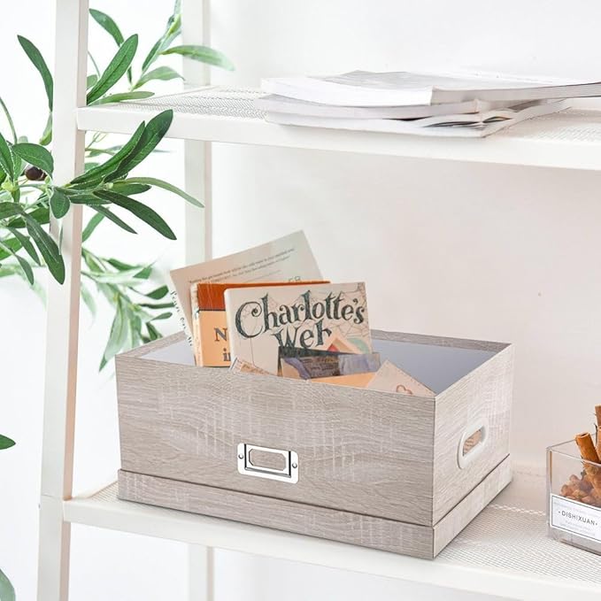 Briful Set of 2 Rustic Wood Grain Storage Boxes with Lids – Stackable Rectangular Organizer Bins, 14'' + 13'' Set Decorative Storage Containers for Bedroom, Living Room, Gifts-Ruum Studio Home