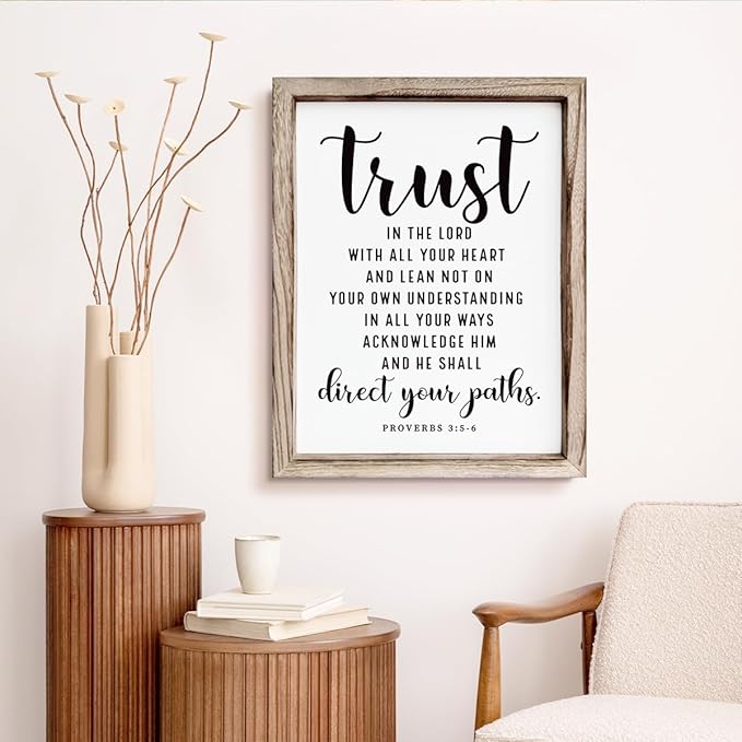 Christian Wall Signs, Rustic Home Decor, Church Room Decoration, Proverbs 3:5-6 Sign, Framed Wall Plaque Sign 15 * 11.5 inches, Trust in the Lord with All Thine Heart-Ruum Studio Home