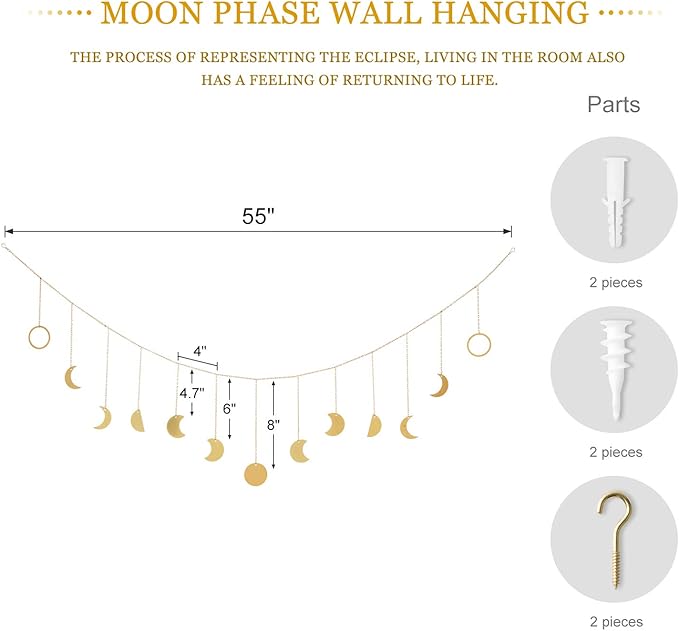 Mkono Moon Phase Wall Hanging Boho Aesthetic Room Decor Metal Moons Garland Hanging Art Bohemian Home Decoration for Girls Room Nursery Bedroom Livingroom Dorm, Ideal, Gold, 55"-Ruum Studio Home