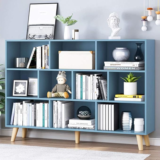 IOTXY Wooden Open Shelf Bookcase - 3-Tier Floor Standing Display Cabinet Rack with Legs, 10 Cubes Bookshelf, Bright Blue-Ruum Studio Home