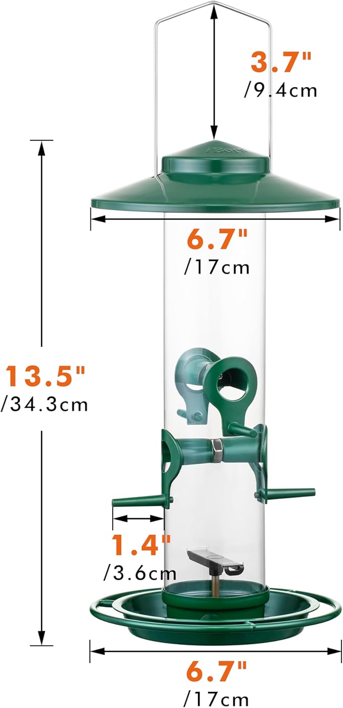 iBorn Bird Feeders for Outdoors, 2LB Metal Bird Feeders 17cm Large Roof &Tray, 4 Feeding Ports, Green Finish-Ruum Studio Home