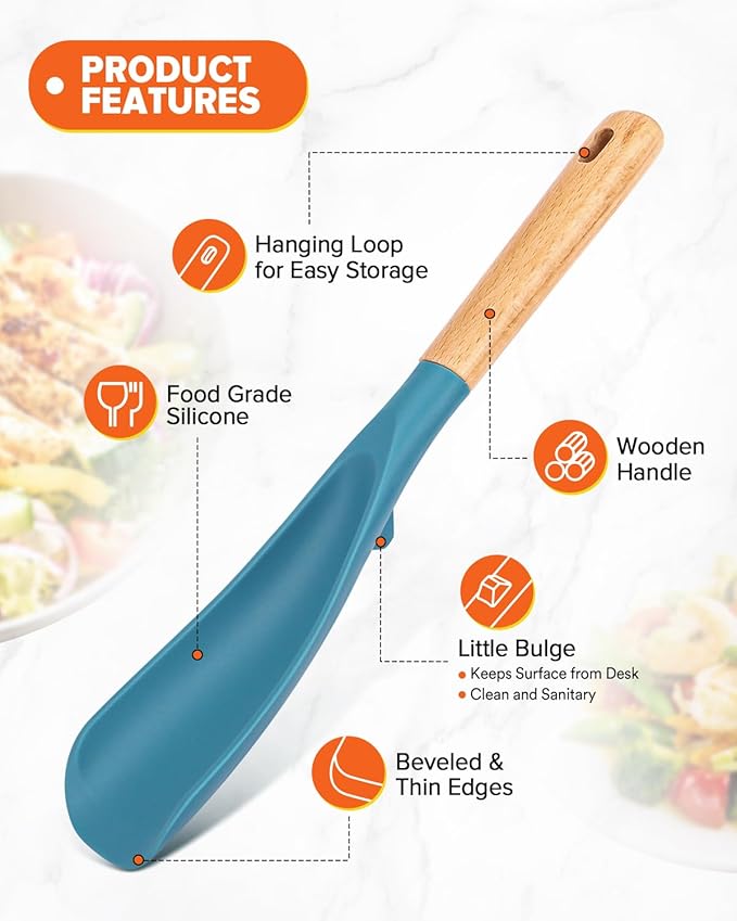 Cooking Spoon and Scraper for Nonstick Cookwares, Great for Cooking and Serving Durable BPA-Free Matte Silicone, Wood Handle Multifunction Spoon for Mixing, Scoop, and Scrape (BLUE)-Ruum Studio Home