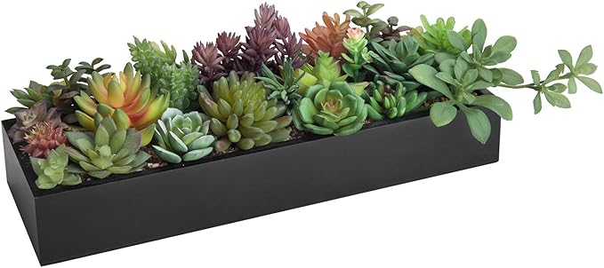 MyGift Artificial Succulent Centerpiece,15.75 Inch Faux Succulents Arrangement Plants in Sleek Black Wooden Rectangular Planter Box-Ruum Studio Home