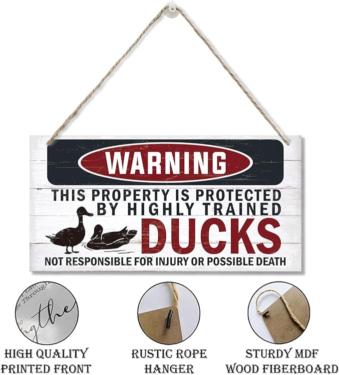 Funny Warning Signs, The Property is Protected By Highly Trained Ducks Sign, Decorative Wood Hanging Wood Plaque, Outdoor Warning Sign, Farm Yard Decor, Door Sign, Farmhouse Home Wall Decor-Ruum Studio Home