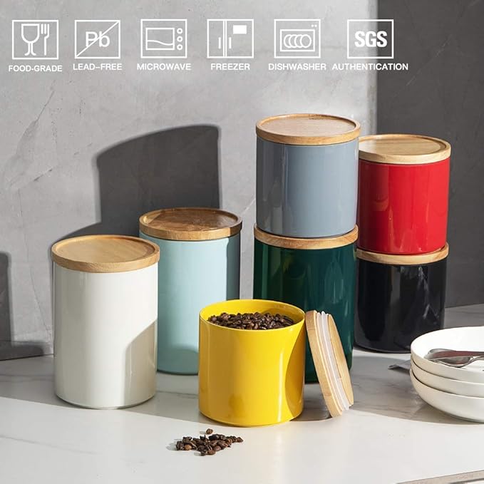 Sweejar Kitchen Canisters Ceramic Food Storage Jar Set, Stackable Containers with Airtight Seal Wooden Lid for Serving Ground Coffee, Tea, Herbs, Grains, Sugar, Salt - Set of 4 (Black)-Ruum Studio Home