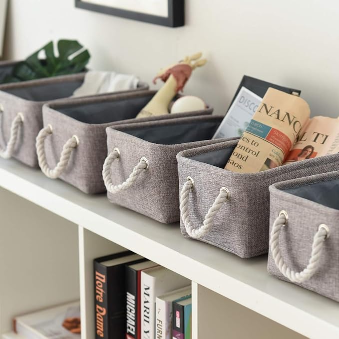 TheWarmHome Foldable Small Storage Baskets with Strong Cotton Rope Handles [6-Pack] Gray Collapsible Storage Bins Set Works Room Storage, Nursery Baskets-Ruum Studio Home