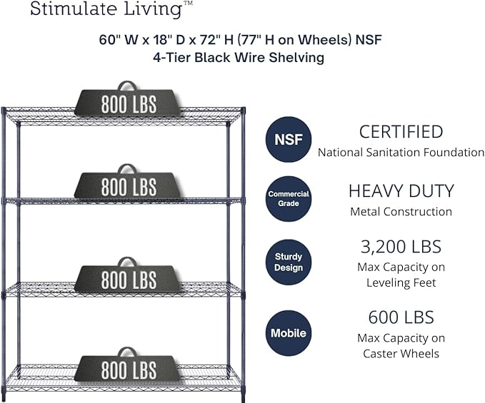 60"x18"x72" Prime Heavy Duty Black 4-Tier Wire Shelving NSF 3200 LBS MAX Capacity Storage Rack for Commercial, Hospital, School, Garage, and Kitchen Uses (with Wheels)-Ruum Studio Home