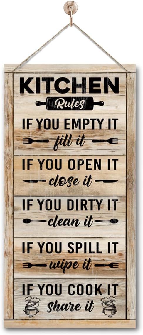 Hanging Kitchen Rules Wood Decor Sign, Rustic Kitchen Wooden Signs, Printed Wood Wall Art Sign, Kitchen Door Rules Rustic Sign, Hanging Wood Sign Kitchen Decor, Funny Farmhouse Kitchen Wall Décor E1-Ruum Studio Home