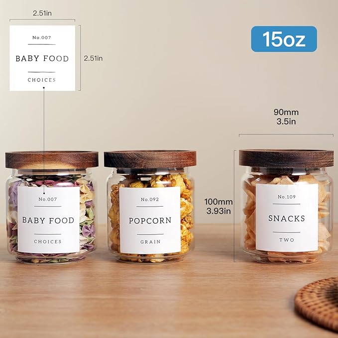 6 Set Glass Pantry Storage Jars with Acacia Airtight Lid - 15oz Thicken Glass Kitchen Canisters with 132 Pantry Labels - Clear Glass Food Storage Containers with Wood Lid for Tea,Sugar,Spice,herbs-Ruum Studio Home