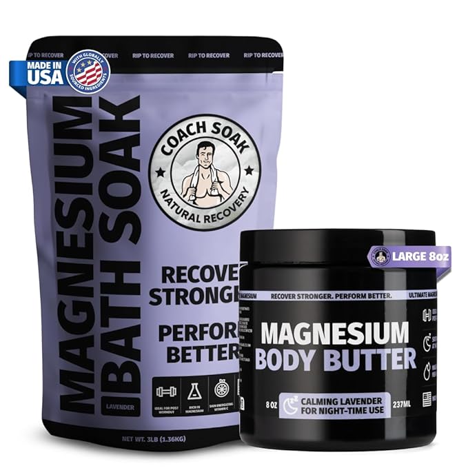 Coach Soak Recovery Bath Soak & Nighttime Magnesium Body Butter Bundle - Calming Lavender Scent - 3lb Bath Salts & 8oz Body Cream with Essential Oils, Magnesium & Shea Butter-Ruum Studio Home