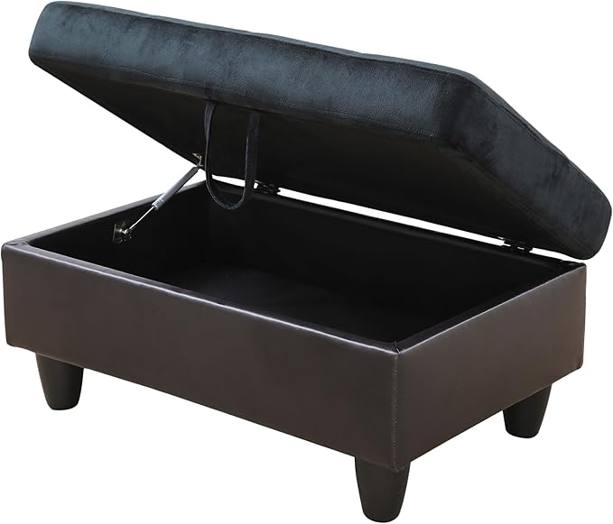 Ottoman Rectangular Storage Ottoman Bench, Flannel Footrest Stool Footstool with Lid for Living Room, Bedroom, Entryway, Dark Blue&Brown, 35"x23.5"x17.5"-Ruum Studio Home