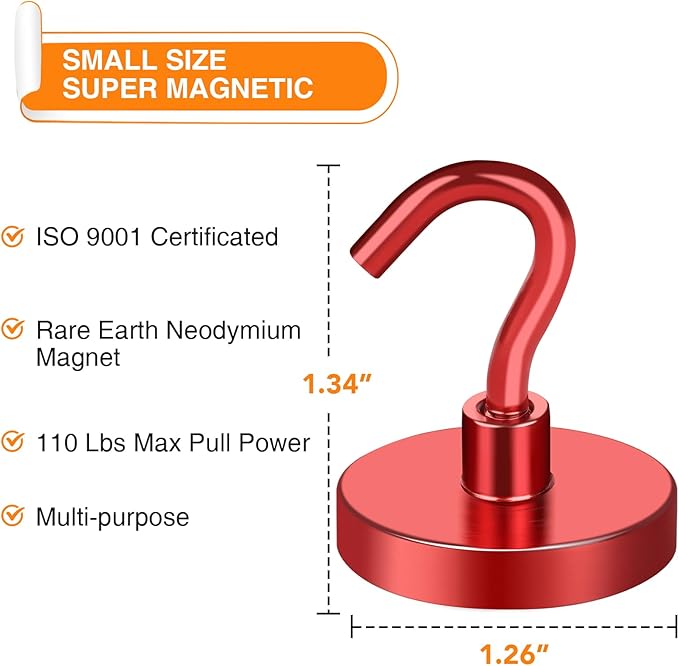 MIKEDE Strong Magnetic Hooks, 110Lbs Heavy Duty Magnetic Hooks for Cruise, Neodymium Earth Magnets with Hooks for Hanging, Super Metal Magnetic Hanger for Grill, Storage (Red,10 Pack)-Ruum Studio Home