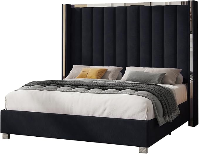 Jocisland King Size Bed Frame with 58" Tall Headboard, Velvet Upholstered Platform Bed with Channel Tufted Wingback Headboard and Plating Trim, No Box Spring Needed, Black-Ruum Studio Home