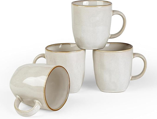 famiware Coffee Mugs Set of 4, Ocean Square 13oz Coffee Cup Set with Handle for Cocoa, Milk, Hot Chocolate, Stoneware Cups for Kitchen, Reactive Glaze, Microwave and Dishwasher Safe, Cappuccino White-Ruum Studio Home