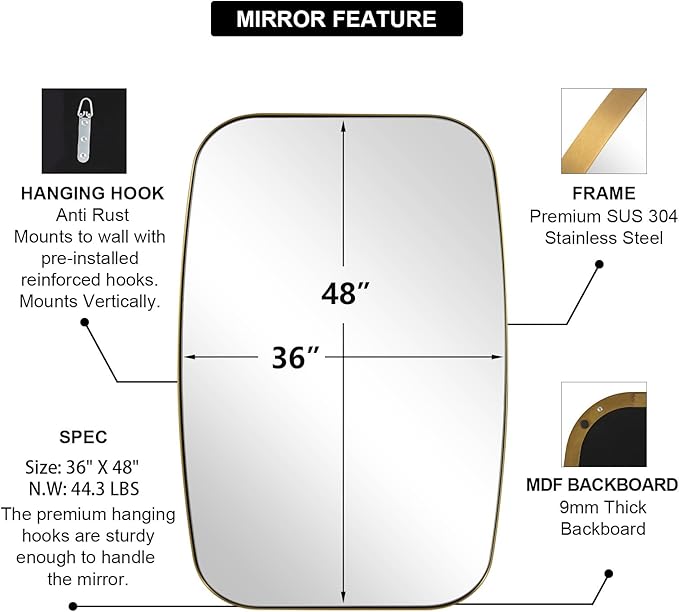 ANDY STAR Gold Oblong Mirror, 36x48 Inch Gold Oval Mirror for Bathroom with Stainless Steel Metal Frame, Wall Mouned for Bathroom, Living Room, Entryway-Ruum Studio Home