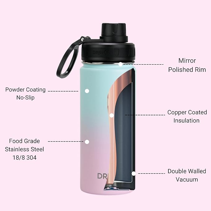 DRINCO Stainless Steel Water Bottle Spout Lid Vacuum Insulated Double Wall Water Bottle Wide Mouth (40oz 32oz 22oz 18oz 14oz) Leak Proof Keeps Cold or Hot (18 oz, 18oz Macaron)-Ruum Studio Home