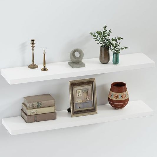 SAUMONIERES Floating Shelves 8 Inch Deep Solid Wood Wide Wall Shelf Set of 2 Wall Mounted for Bedroom Bathroom Living Room Kitchen, 36 Inch White-Ruum Studio Home