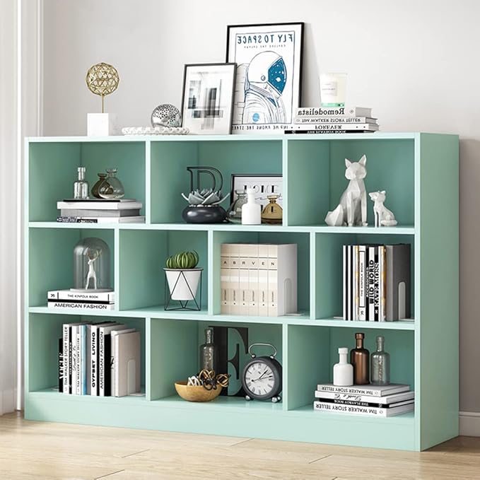 IOTXY Open Shelf Low Bookcase - Wooden 3-Tier Floor Standing Display Cabinet Organizer with Base, 10 Cubes Short Horizontal Bookshelf in Tiffany-Green-Ruum Studio Home