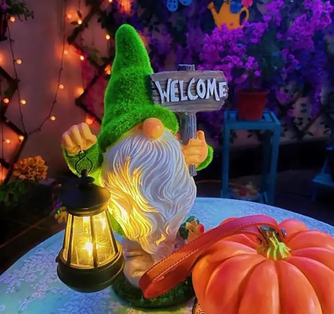 Solar Gnome Outdoor Garden Fall with Solar Lantern - 11’’Halloween Autumn Welcome Gnomes Decorations for Yard Patio (Green & White)-Ruum Studio Home