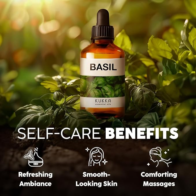Kukka Basil Essential Oil for Diffusers - 4 Fl Oz - 100% Pure Natural Basil Oil for Skin & Aromatherapy Scent Massage Candles & Soaps Making Scent-Ruum Studio Home