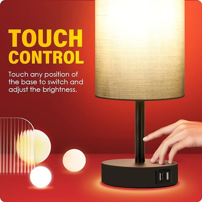 Yarra-Decor Bedside Lamp with USB Port - Touch Control Table Lamp for Bedroom 3 Way Dimmable Nightstand Lamp with Round Grey Fabric Shade for Living Room, Dorm, Home Office (LED Bulb Included)-Ruum Studio Home