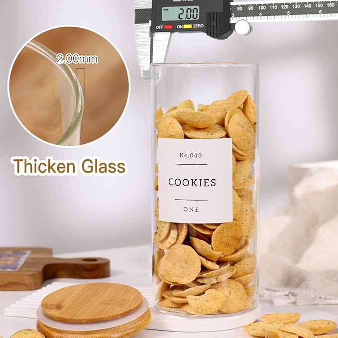 6 Pack Glass Jar with Airtight Bamboo Lid and White 132 Kichen Pantry Labels Preprinted - 28 Oz Clear Round Glass Food Storage Containers set For Tea Coffee Bean Cookie-Ruum Studio Home