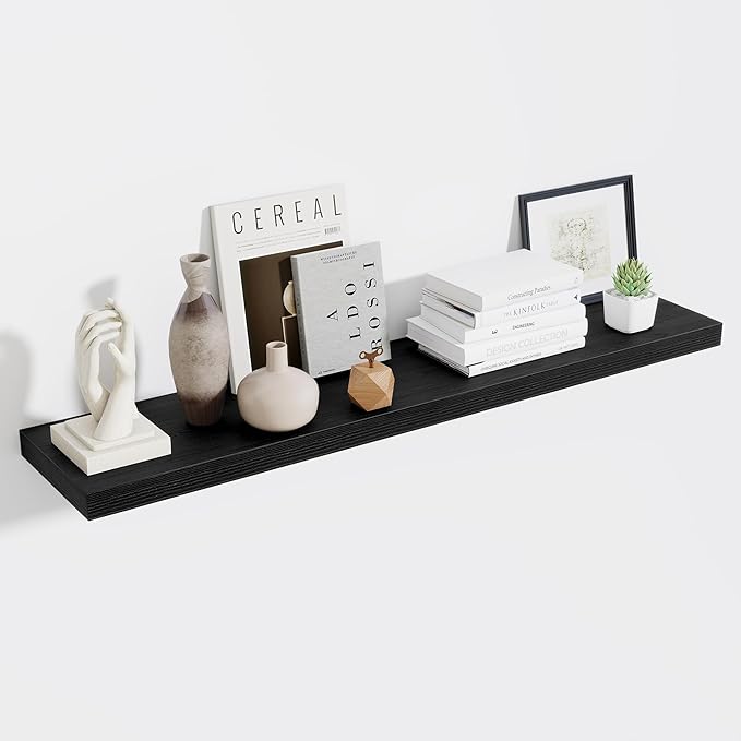 Fun Memories 55 Inch Fireplace Mentel Shelf, 10 Inch Deep Shelves for Display & Wall Storage, Rustic Wood Wall Shelf, Extra Long Floating Shelves for Living Room Laundry Room, Black, Set of 1-Ruum Studio Home