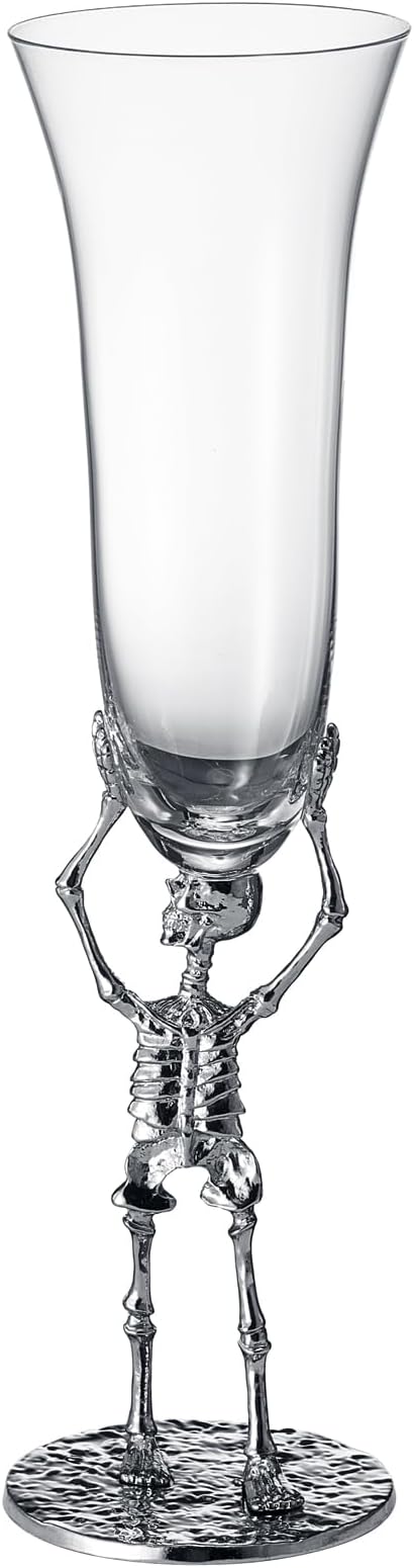 Skeleton Champagne Flute Glass 7.5oz | Gothic Halloween Drinkware | 10" Tall Skeleton Goblet for Haunted House Decor, Spooky Wine Glass, Gothic Party Supplies, Skeleton Gifts & Themed Celebrations-Ruum Studio Home