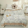 Boho Muslin Blanket for Adults 4-Layer Gauze Twin Size Soft Cozy 100% Cotton Summer Cooling Blanket Floral Decor for Sofa Bed Coverlet Both Sides (Tassels Floral Tan, 80 x 90 in)-Ruum Studio Home