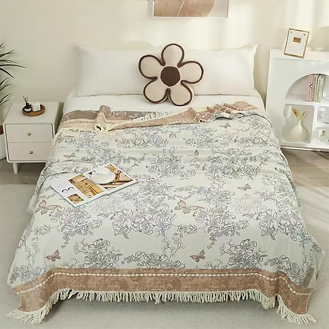 Boho Muslin Blanket for Adults 4-Layer Gauze Twin Size Soft Cozy 100% Cotton Summer Cooling Blanket Floral Decor for Sofa Bed Coverlet Both Sides (Tassels Floral Tan, 80 x 90 in)-Ruum Studio Home
