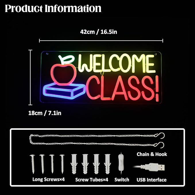 Welcome Class Neon Sign Student Classroom Neon Lights Apple Book LED Signs for Wall Colorful Back to School Wall Art Neon Light Up Signs for Classroom School Opens Party Decorations-Ruum Studio Home