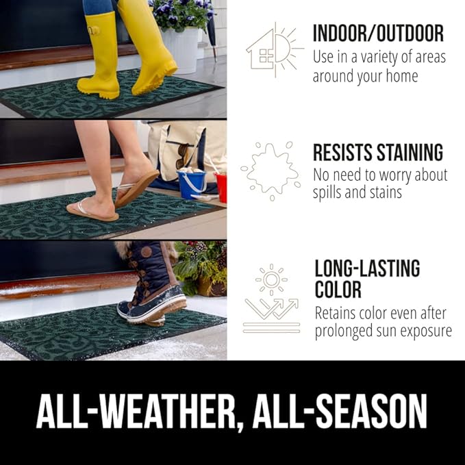 GORILLA GRIP 100% Waterproof All-Season WeatherMax Doormat, US Designed Natural Rubber, Stain and Fade Resistant, Low Profile Indoor Outdoor Door Mats, Easy Clean Patio Mat, 17x29, Moss Vine Leaves-Ruum Studio Home