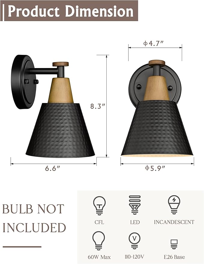 FEMILA Wall Sconces Set of 2, 1-Light Matte Black Bathroom Light Fixtures, Modern Single Vanity Light Wall Lamp with Hammered Metal Shade, 4FG59B-2 BK-Ruum Studio Home
