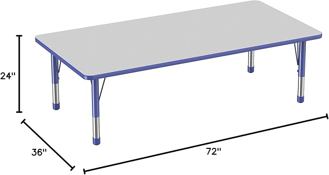 FDP Rectangle Activity School and Classroom Kids Table (36 x 72 inch), Toddler Legs, Adjustable Height 15-24 inches - Gray Top and Blue Edge-Ruum Studio Home