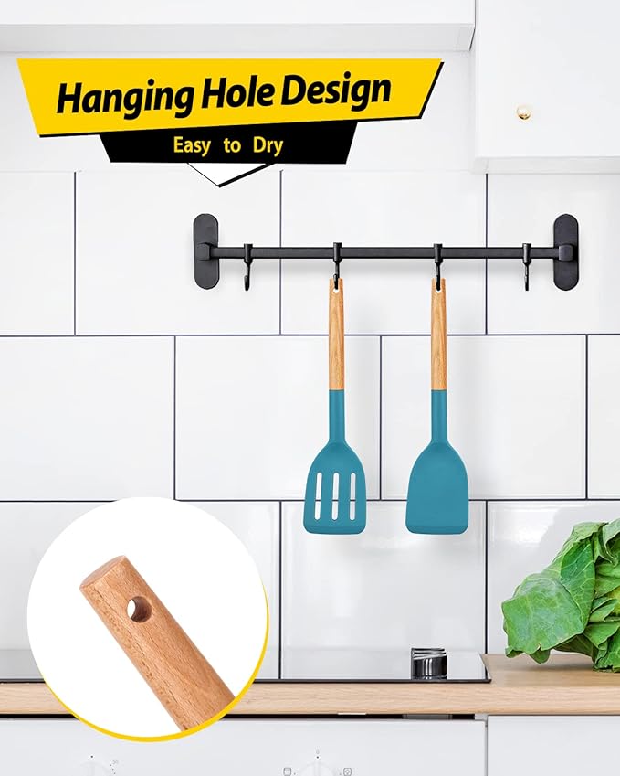 Pack of 2 Silicone Cooking Spatula, Heat Resistant Solid Turner, Non Stick Slotted Spatulas with Wooden Short Handle,Ideal Wood Kitchen Utensils Set for Frying, Baking, Flipping, Turning-Ruum Studio Home